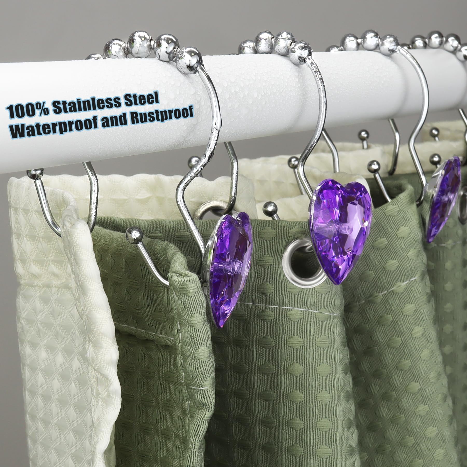 Bathroom curtain hook rings, 12-pack, heart-shaped stainless steel rust-proof decorative rhinestone shower curtain rings (single hook, transparent).
