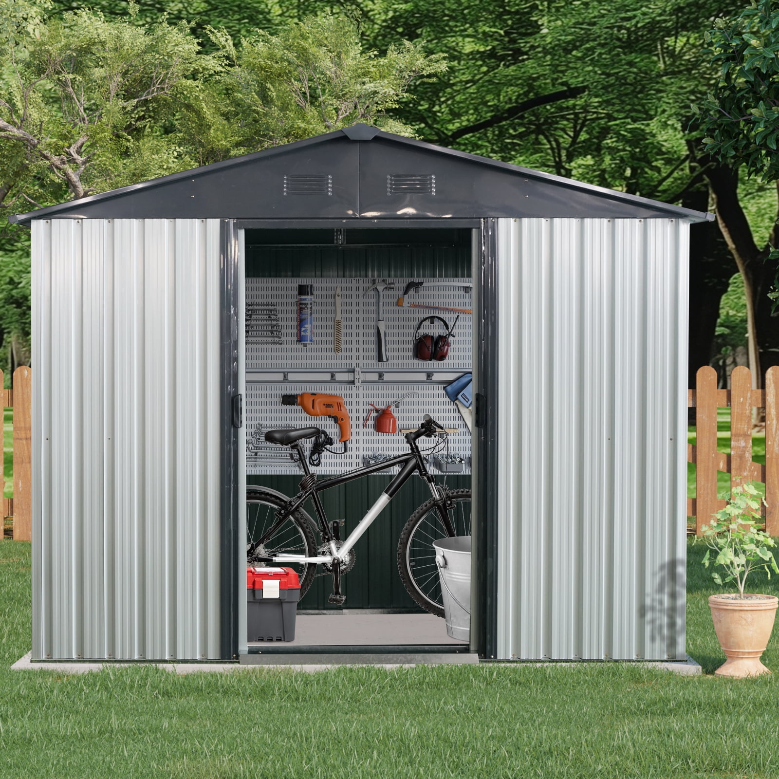 Alvantor 8 x 4 FT Outdoor Storage Shed Metal Garden Shed with Sliding Door and Window for Backyard, Garden, Coffee