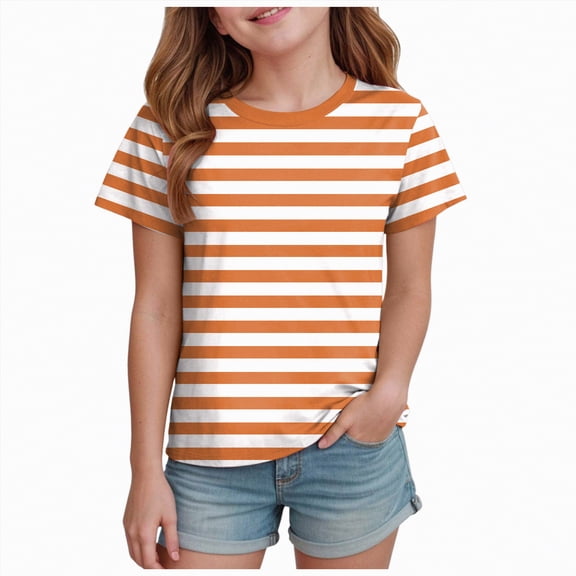 CAICJ98 Girls Tshirts Cute Summer Tops Kids Toddler Short Sleeve Striped Shirts Crew Neck Casual Tees (Orange,10-11 Years)