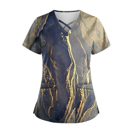 

Tking Fashion Womens Scrubs Plus Size Short Sleeve V Neck Printed Tops Loose Nursing Work Uniform Blouses with Pocket Yellow XL