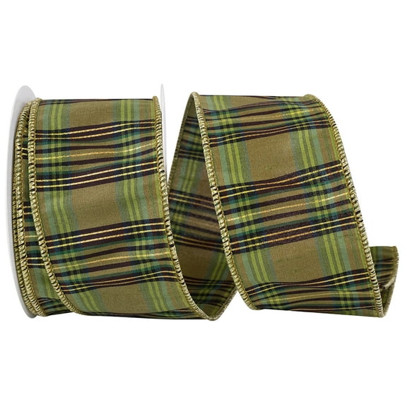 JAM Paper Grandisimo Plaid Dupioni Wired Edge Ribbon, Moss, 2.5in x 10yd, 1 per Pack