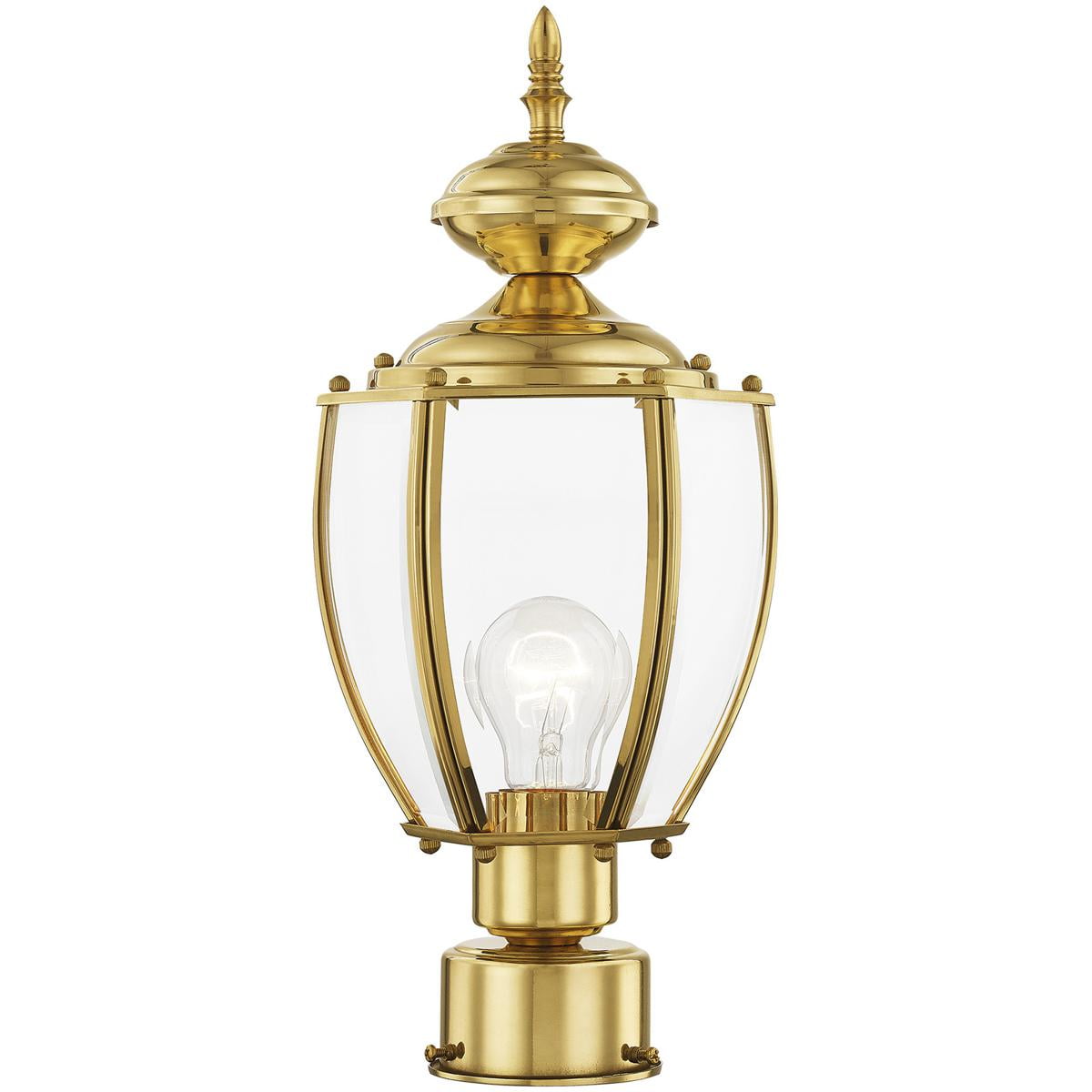 1 Light Polished Brass Outdoor Post Lantern Pendant Lighting Fixture with Clear Beveled Glass Shade backed with Solid Brass material for patio, front porch, entryway and more