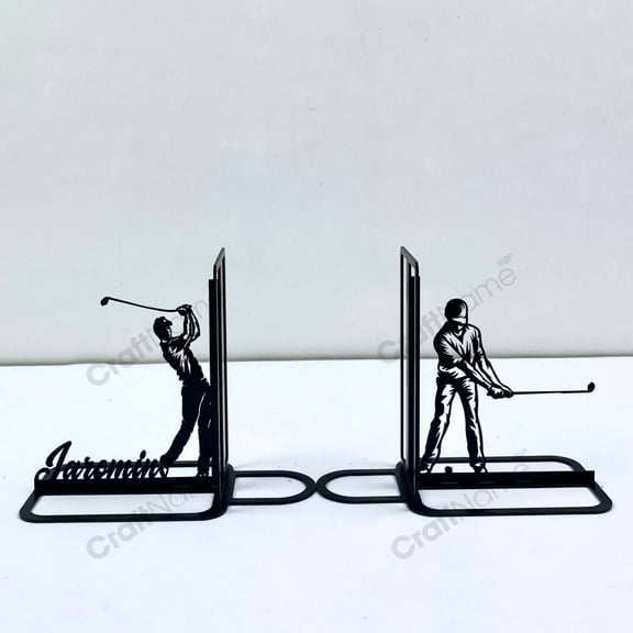 Craftnamesign Custom Golf Player Metal Bookends, Golf Table Bookshelf Decor, Metal Book Stand