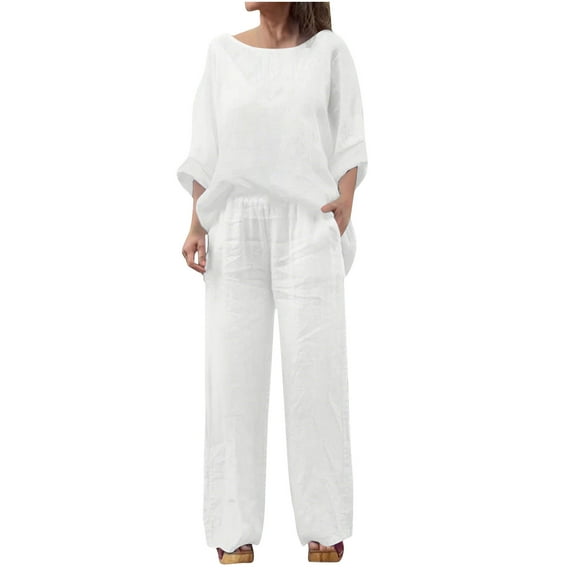 Women's Plus Size 2 Piece Outfits Crew Neck Pullover Tops Straight Leg Elastic Waist Pockets Pants Loose Casual Sets (XL, White)