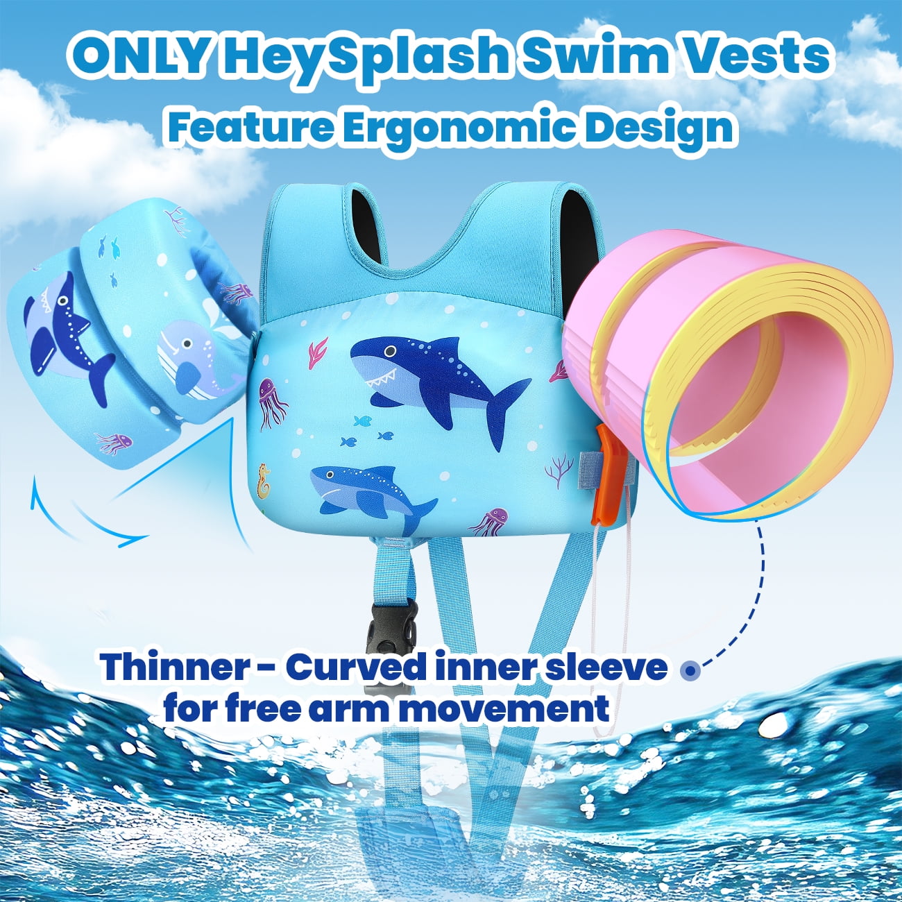 HeySplash Swim Vest for Kid,Arm Floaties with Adjustable Strap Fit 3-5 Years,Pool Sea Swimming Aid,Blue Shark