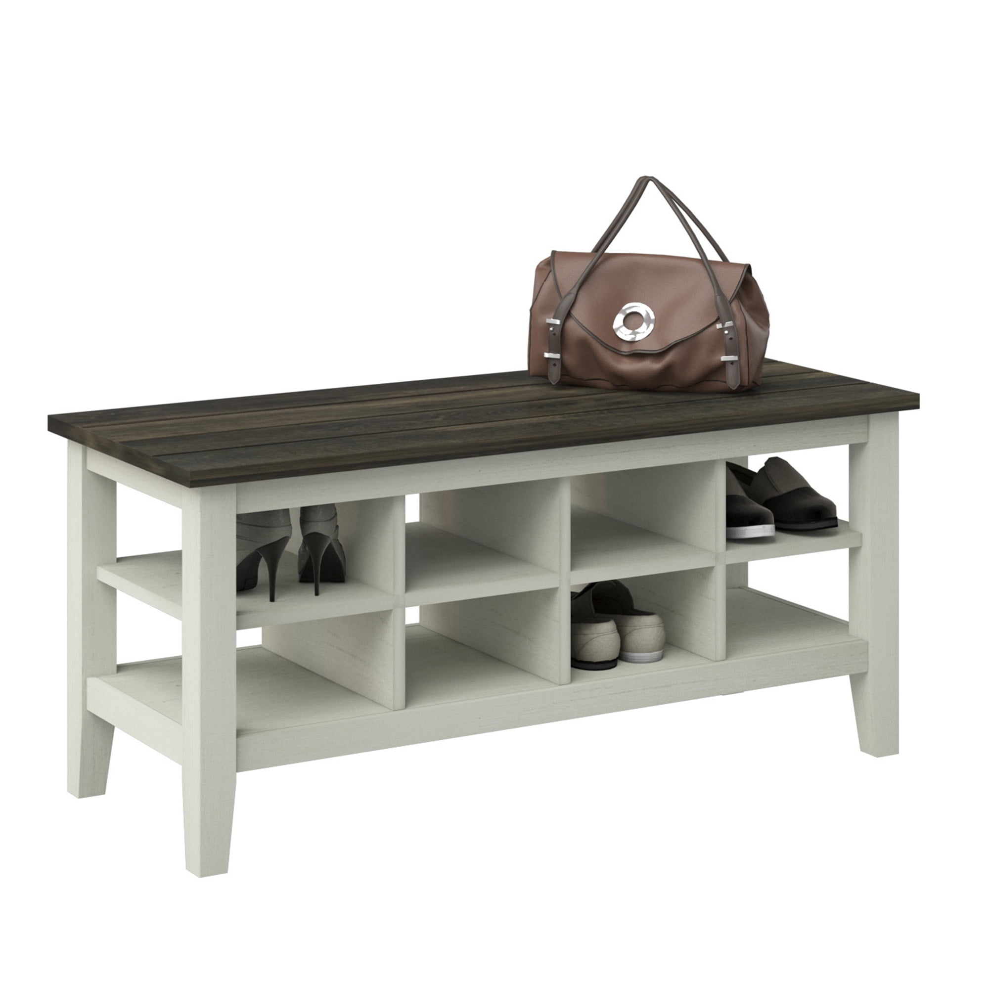 Twin Star Home Two-Tone Storage Bench with Planked Top in Old Wood White, 40”W x 15.5”D x 17.8”H