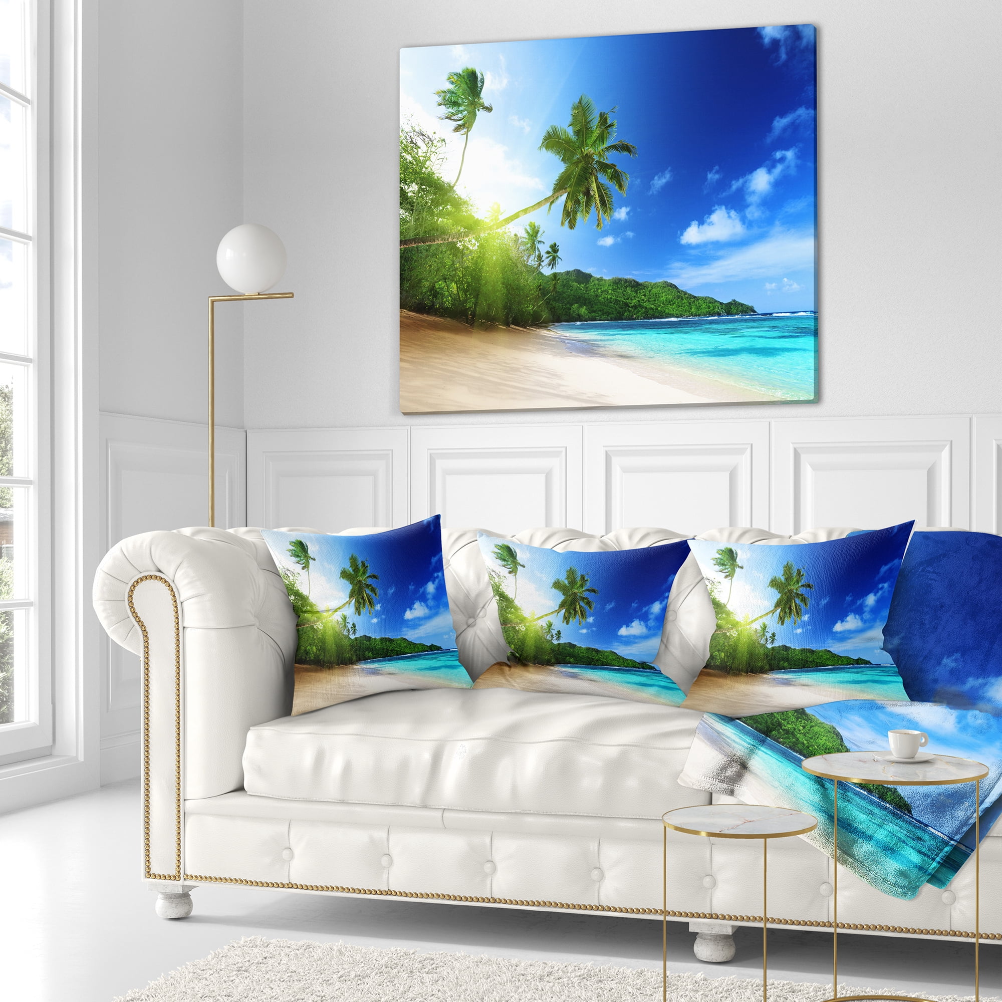 Designart Sunset Beach with Palm - Landscape Photography Throw Pillow - 18x18