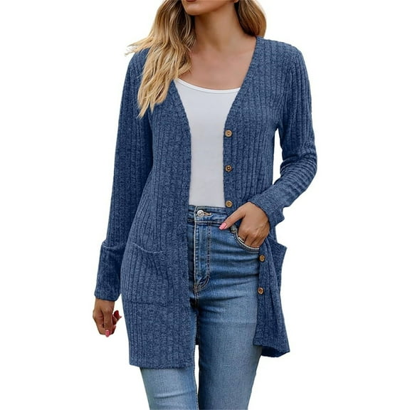 BODOAO Women's Open Front Lightweight Cardigan Long Sleeve Button Down Loose Outwear Old Times Cardigans Elegant Ribbed Cardigan Long Sleeve Button Placket with Pockets Knitted Cardigan Blue Xxl