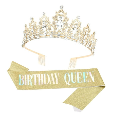 SKYSONIC Red and Black Birthday Tiara and Sash Set for Women, Rhinestone Crown and Sash for Birthday Queen Party Decorations.