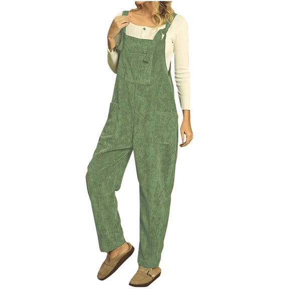 Moxiu Women's Vintage Corduroy Bib Overalls Adjustable Strap Loose Wide Leg Jumpsuit with Pockets One Piece Corduroy Rompers Green,XXL
