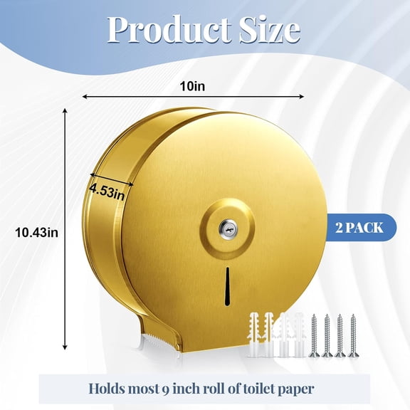 2 Pcs Industrial Toilet Paper Holder Commercial Roll Dispenser Wall Mount Stainless Steel Jumbo Tissue Dispenser Fits 9" Roll Toilet Paper for Office Home Public Places (Gold)