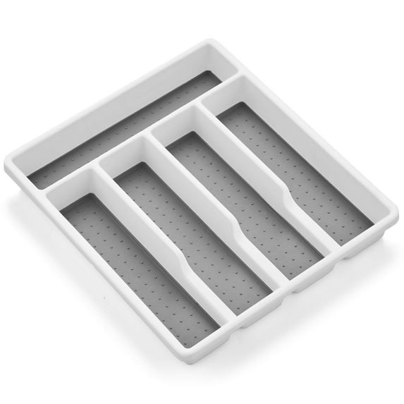 Silverware Tray for Drawer, Small Plastic Utensil Tray Drawer Organizer, 5 Compartment Flatware Cutlery Holder/Divider, White with Gray Non-slip Rubber Grips, 12.6 x 11.4-Inch