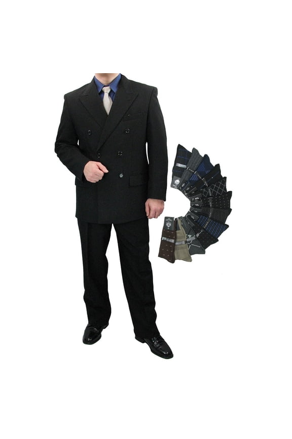 Sharp Hand Tailored 2pc Men Double Breasted Dress Suit w/1 Pair of Socks - Black 36R