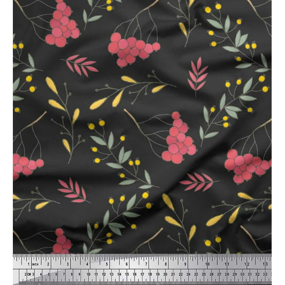 Soimoi Gray Cotton Duck Fabric Red Berries & Leaves Decor Fabric Printed Yard 42 Inch Wide