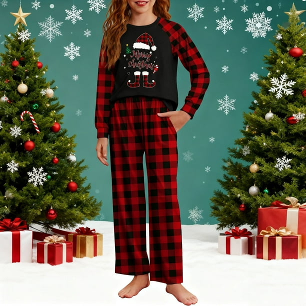 Conjuntos de blusas y camisas de cuello redondo y manga larga con estampado navideño para niños Camisa de manga larga con cuello redondo y cintura elástica Pantalones largos Conjunto de traje de casa