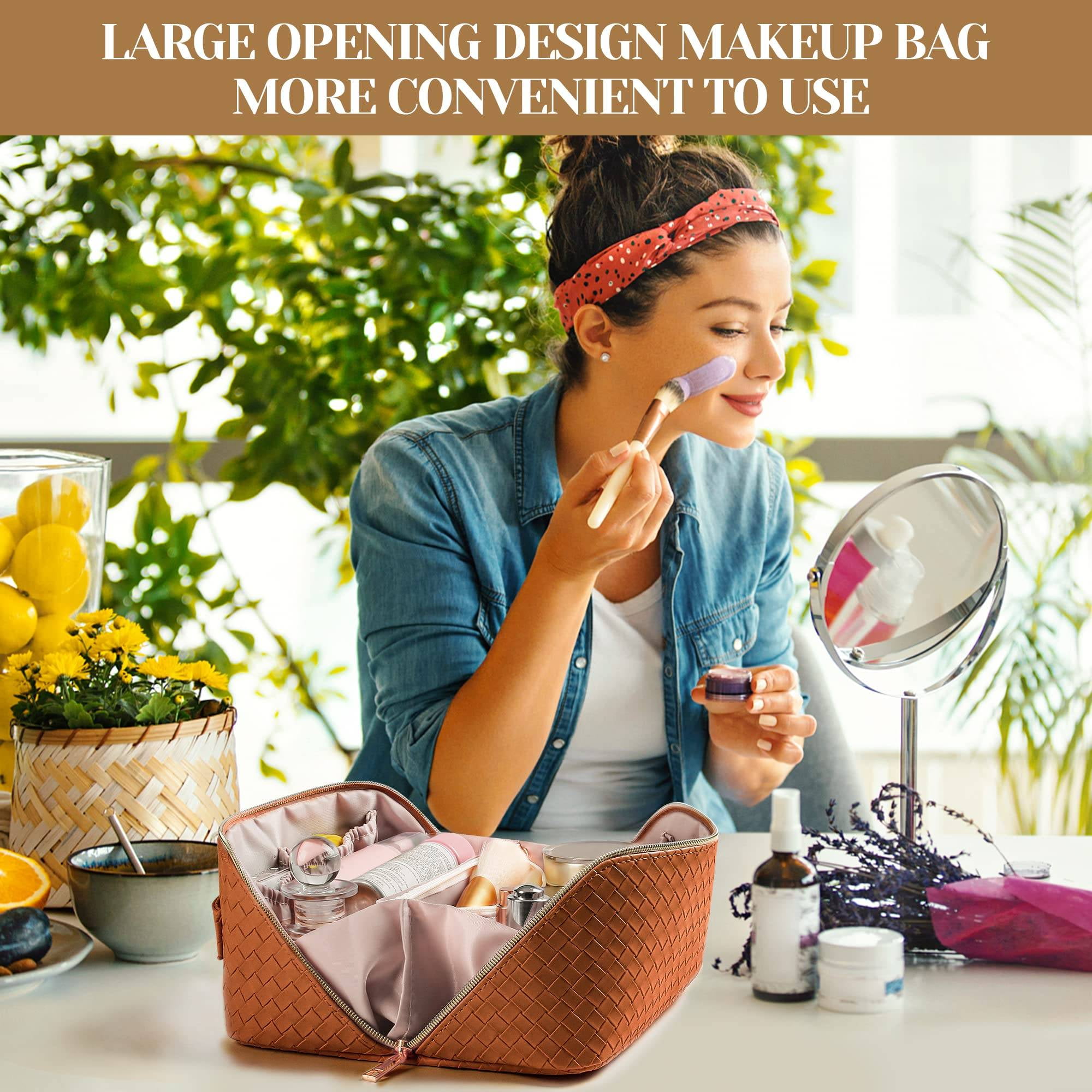 iMucci Large Capacity Travel Cosmetic Bags for Women - Portable PU Leather Waterproof Makeup Bag with Handle and Divider, Flat Lay Cosmetic Case Makeup Organizer Bag Toiletry Bag