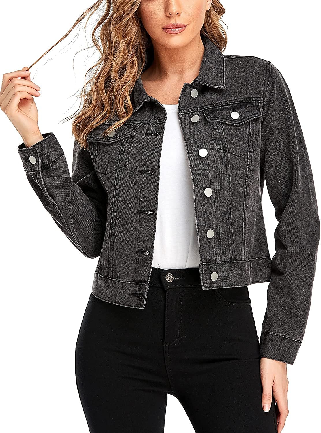 Jo.Hannah Womens Denim Long Sleeve Jackets Cropped Destroyed Classic