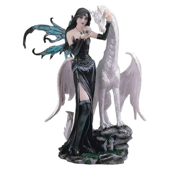 FC Design 10"H Gothic Black Fairy Holding Glass Ball with White Dragon Figurine Statue Sculpture Ornament Decoration Home/Room Decor and Unique Gift Ideas for Housewarming, Holidays and Birthdays