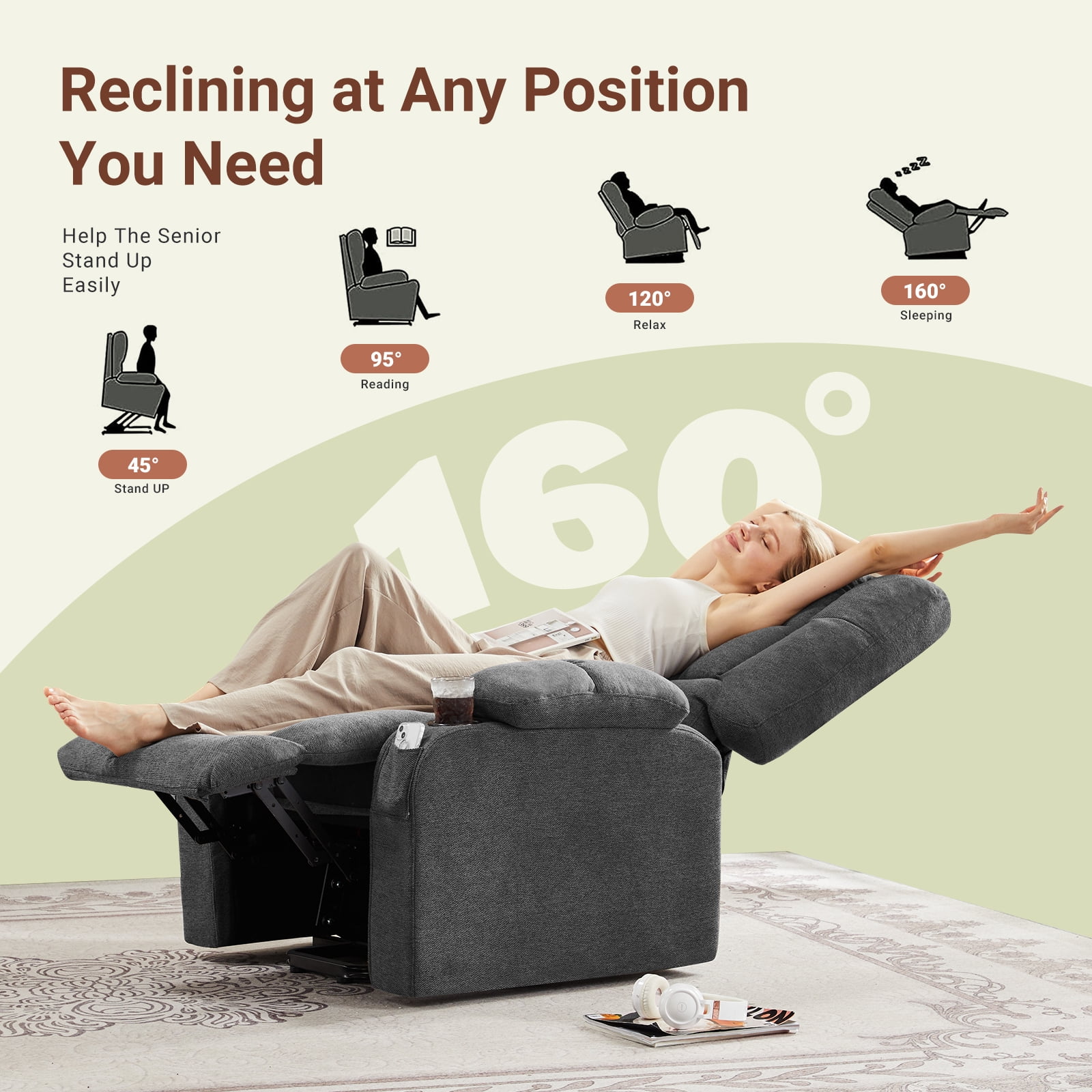 CONCETTA Elderly Recliner with Massage and Heating, Home Theater Recliner Chair with Lumbar Support and Remote Control, For Home Office Living Room, Gray