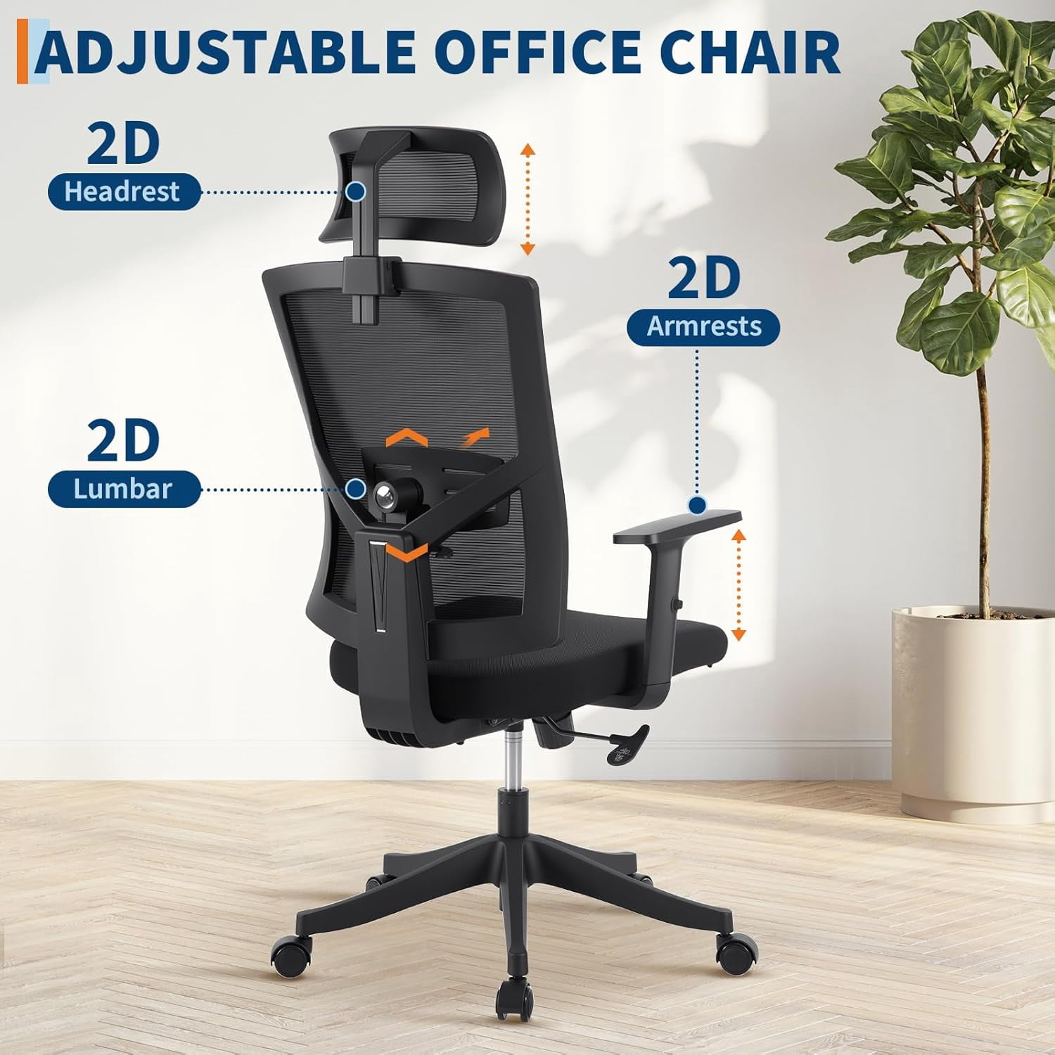 Rugerasy High Back Mesh Office Chair,Ergonomic Desk Chair Reclining,Full Ergonomic Support,Space-Saving Flip-Up Arms,Adjustable Headrest & Recline for Gaming,Black + Black