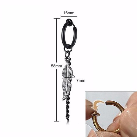 Stainless Steel Feather Dangle Earrings – Huggie Hinged For Men & Women (2pcs) W/ Velvet Bag