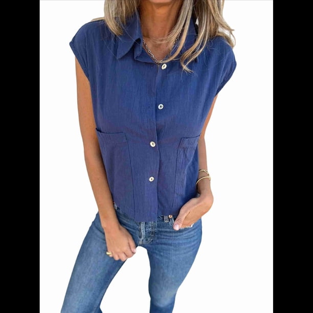 Camisa de y Algodón para Mujer, Blusa Holgada de Verano con Cuello en V y Corta, Informal, Color Azul Marino, Talla XL