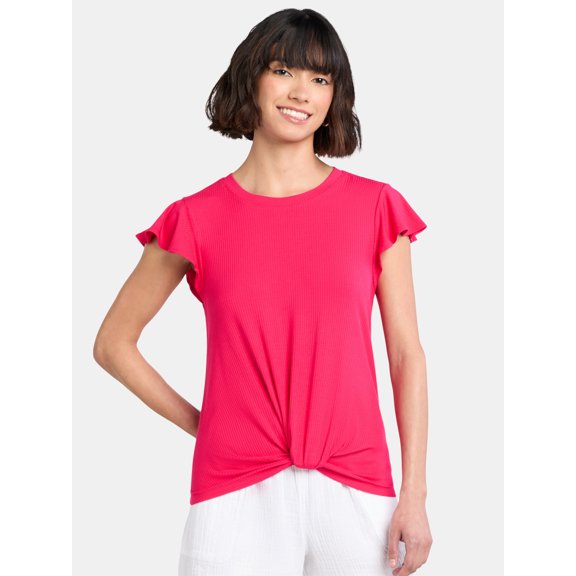 Time and Tru Women's Twist Front Top with Flutter Sleeves, Sizes XS-XXXL