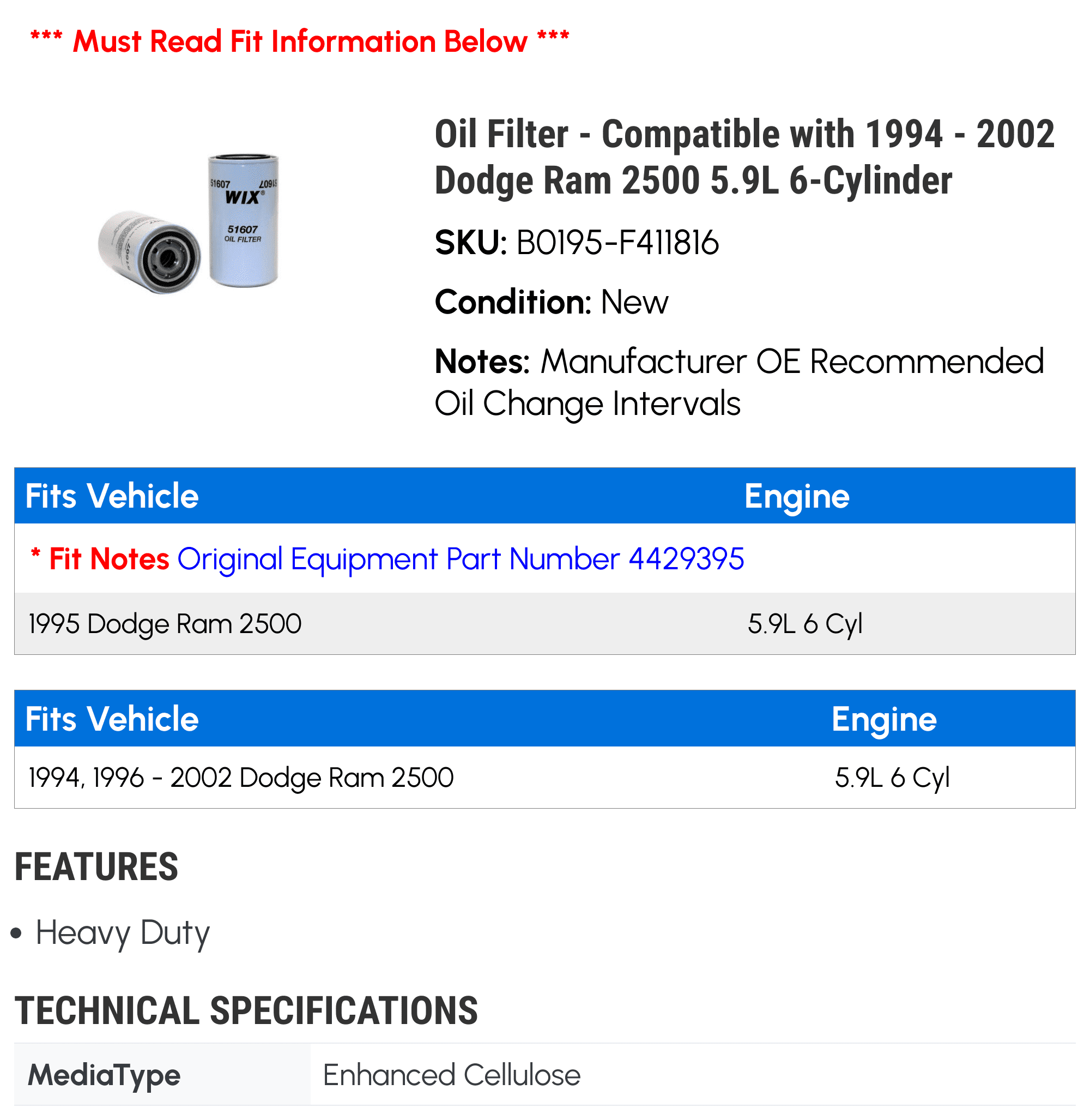 Oil Filter - Compatible with 1994 - 2002 Dodge Ram 2500 5.9L 6-Cylinder 1995 1996 1997 1998 1999 2000 2001