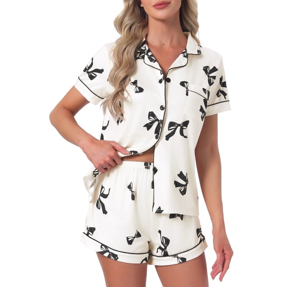 DARING DIVA Women's Pajama Sets Short Sleeves Bow Button Up Tops and Shorts M White