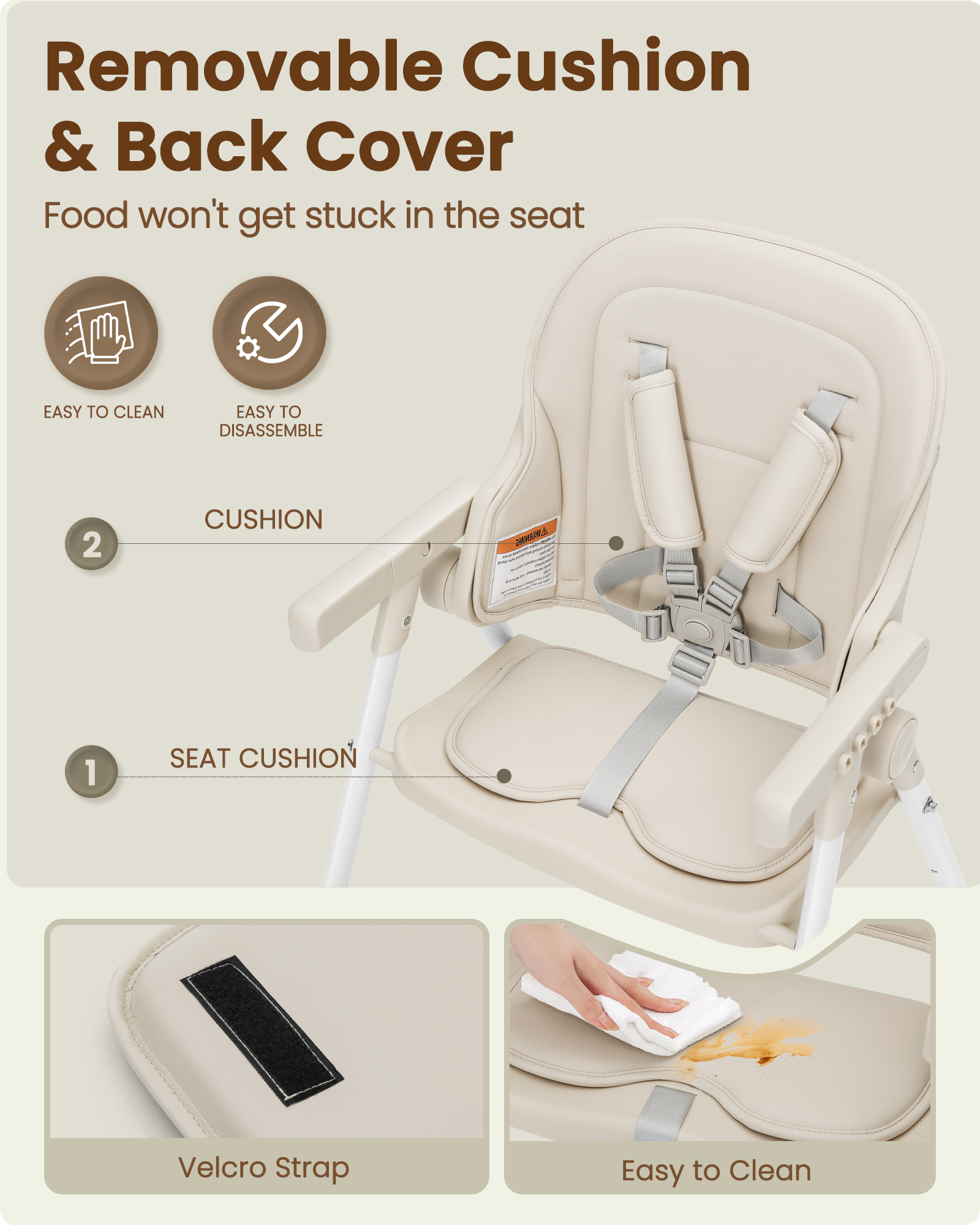 Babilous Foldable High Chair for Babies and Toddlers – Portable, Convertible High Chairs with Adjustable Tray, 5-Point Harness, and Easy-to-Clean Design, Beige