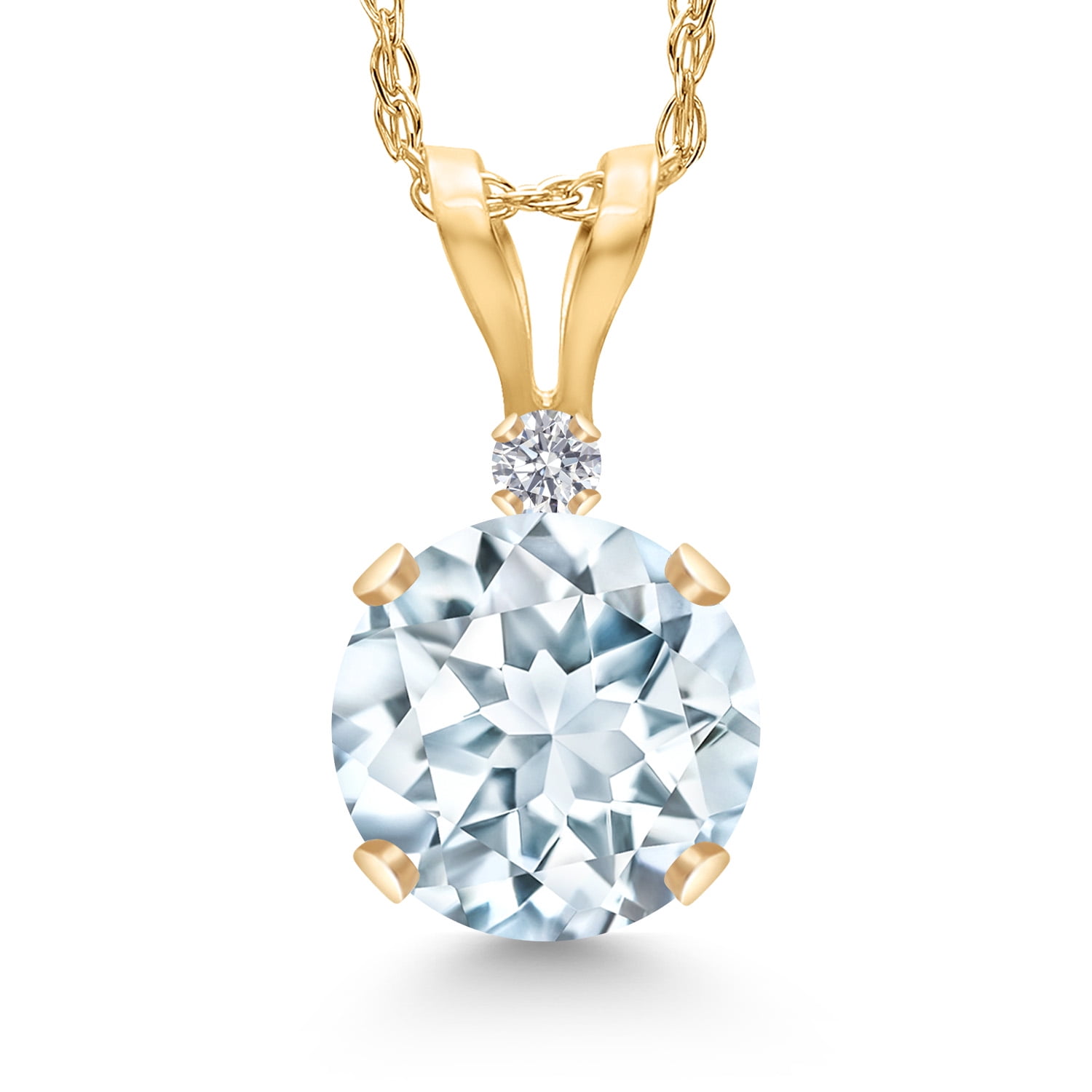 Gem Stone King 14K Yellow Gold Sky Blue Aquamarine and Lab Grown Diamond Pendant Necklace for Women | 0.77 Cttw | Gemstone March Birthstone | Round 6MM | With 18 inch Chain