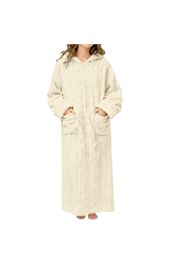 Fashion Twisted Ribbing Flannel Hooded Nightgown Fuzzy Cozy Plush Warm Winter Long Sleeve Pullover Loungewear with Pockets Pure Loose Soft Long Sleepwear White One Size