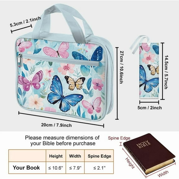 1pc Bible Cover with Handles 10.6x7.9x2.1 inch Large Zippered Bible Carrying Case Butterfly Bible Protective with Pockets and Bookmarks for Women Men Bible Note Books Carrying Accessories
