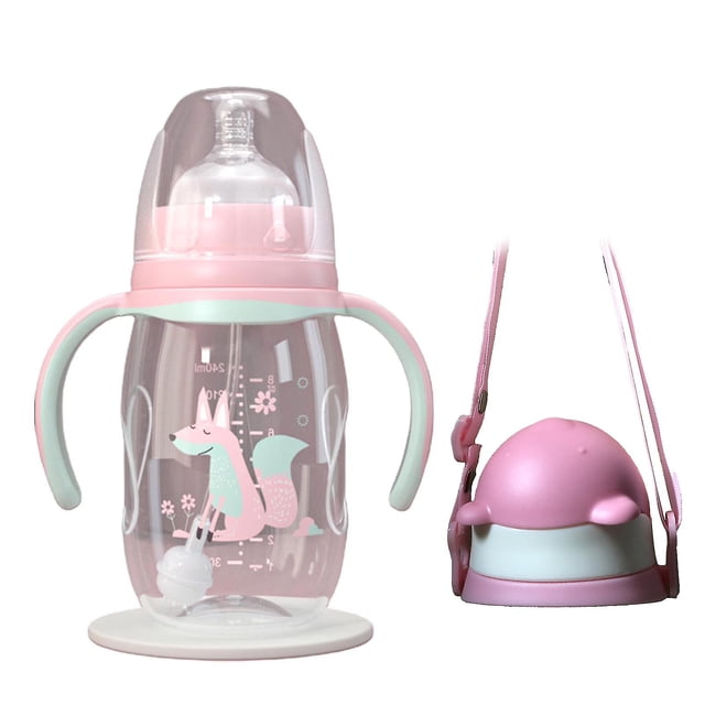 Biberón de leche infantil de gran calibre con mango de pajita - A prueba de caídas (240 ml/300 ml) Rosa