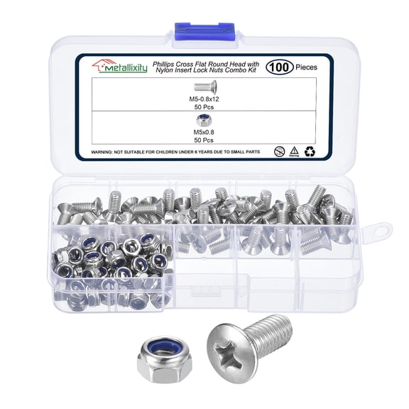Uxcell Phillips Cross Flat Round Head Machine Screw Kit with Lock Nut (M5-0.8x25) 80Pcs, Stainless Steel Fasteners