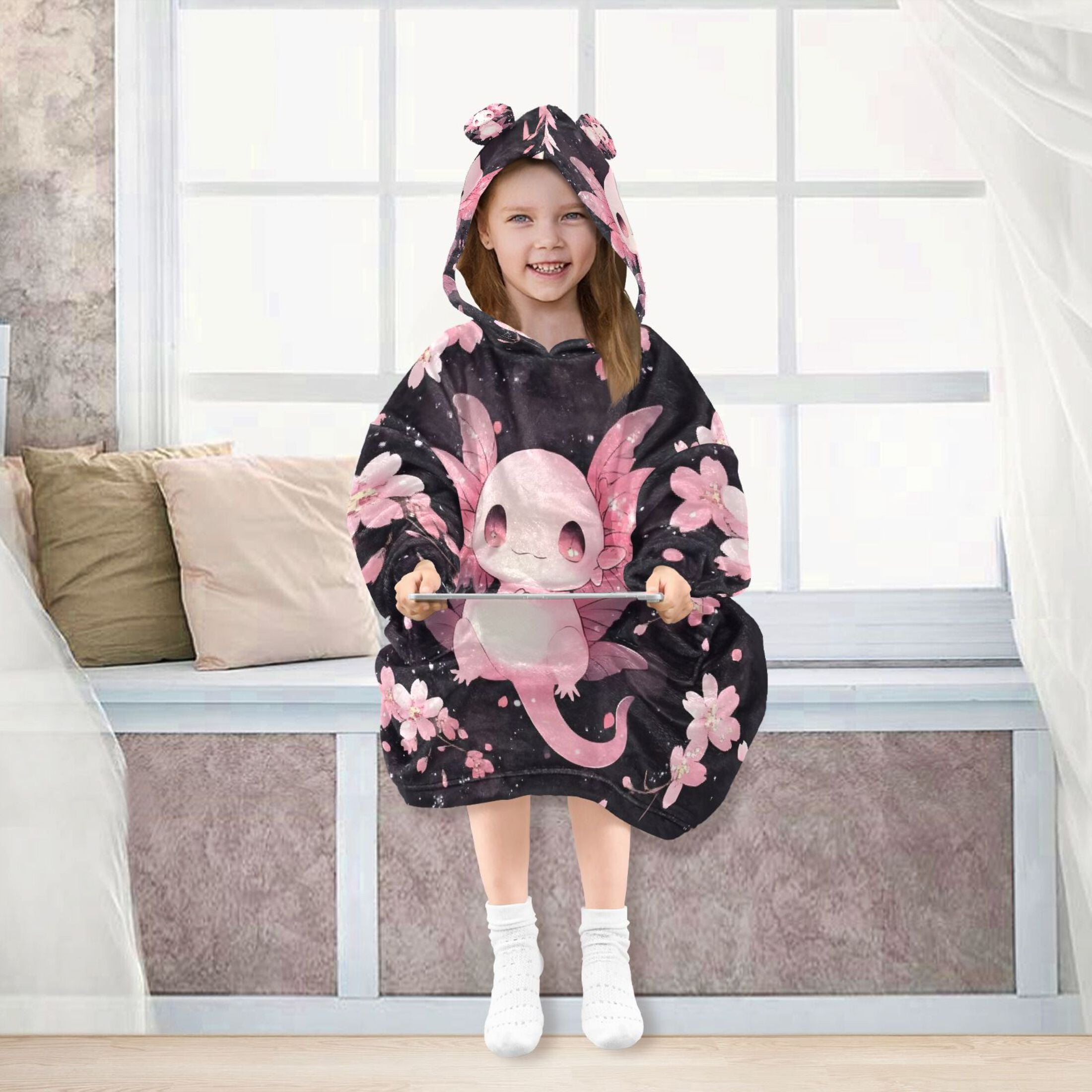 joogoo Wearable Blanket Hoodie Cute Axolotl Cherry Blossom for Flannel Sherpa Pocket 3-14 YR S