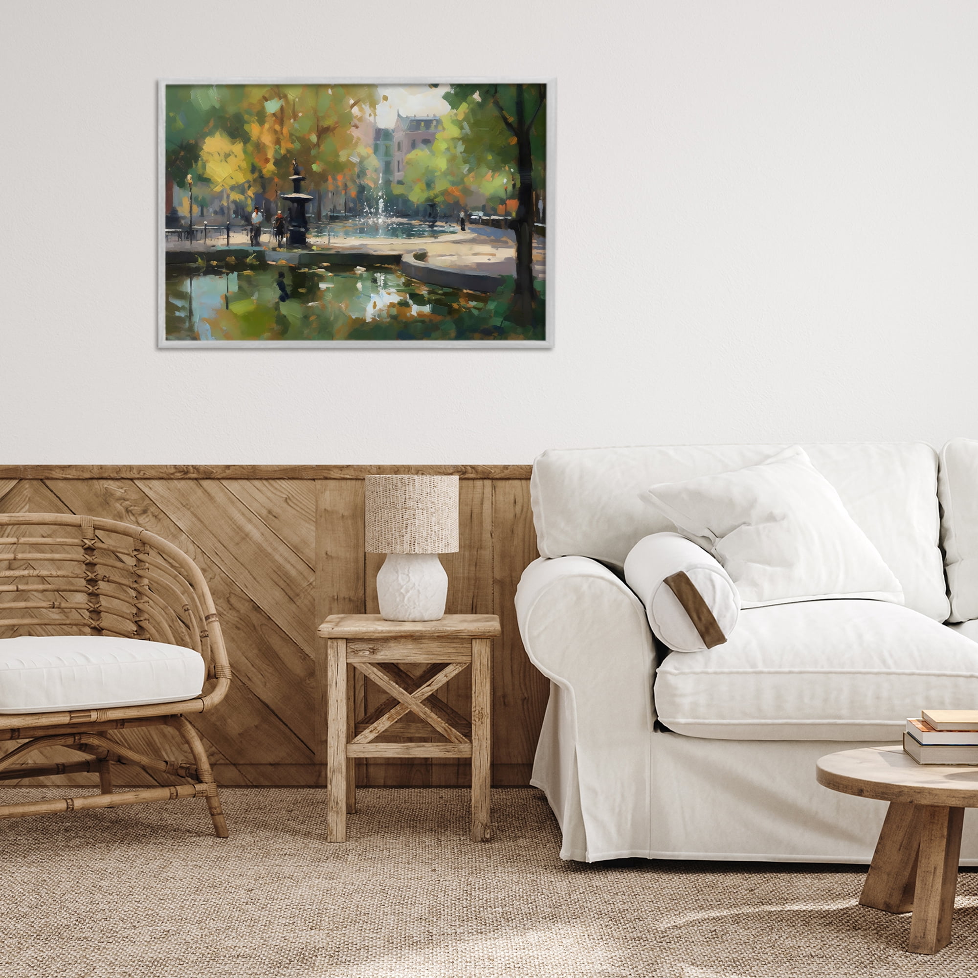 Stupell Industries Autumn Reflections at Park Fountain Gray Framed Giclee Art, design by Creative Studio