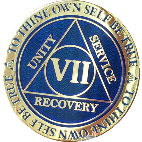 RecoveryChip 7 Year AA Medallion Reflex Blue Gold Plated Alcoholics Anonymous Chip VII
