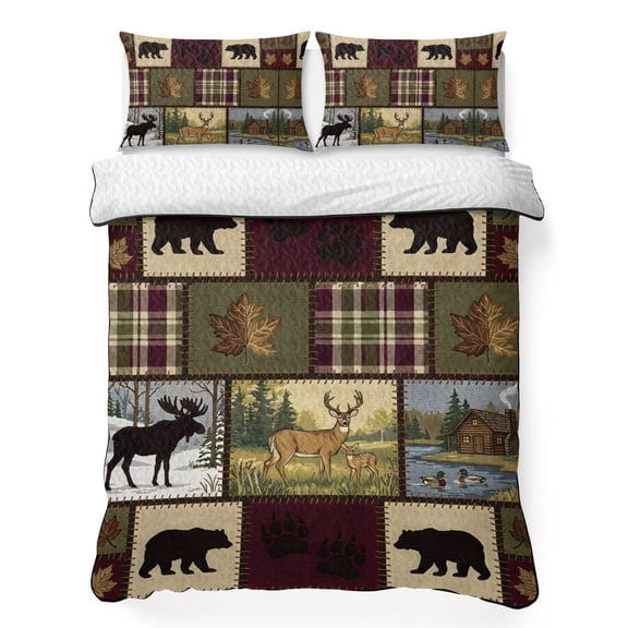 Quilts Queen Size Bedding Set, Deers Bears Silhouettes Lightweight Quilted Comforter, Farmhouse Vintage Patched Soft Reversible Bedspread Coverlet with Pillow Covers for All Season, 90" x 96"