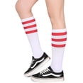thumbnail image 3 of Chaussettes Tube Rétro en Coton à Triple Rayures Classiques au-Dessus du Mollet pour Hommes et Femmes-Rouge/blanc, 3 of 4