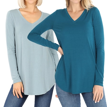 Women & Plus(S-3X) Relaxed Fit Long Sleeve V-Neck Round Hem Jersey Tee Shirt Top (Single & Multi-Packs Available) price history on PriceWatchPro