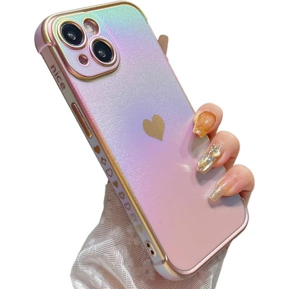 ZUKKASHAN Compatible with iPhone 14 Plus Case for Girls Women, Luxury Fluorescent Iridescent Matte Silicone Case with Cute Love Heart Pattern Plated Rim Shockproof Cover
