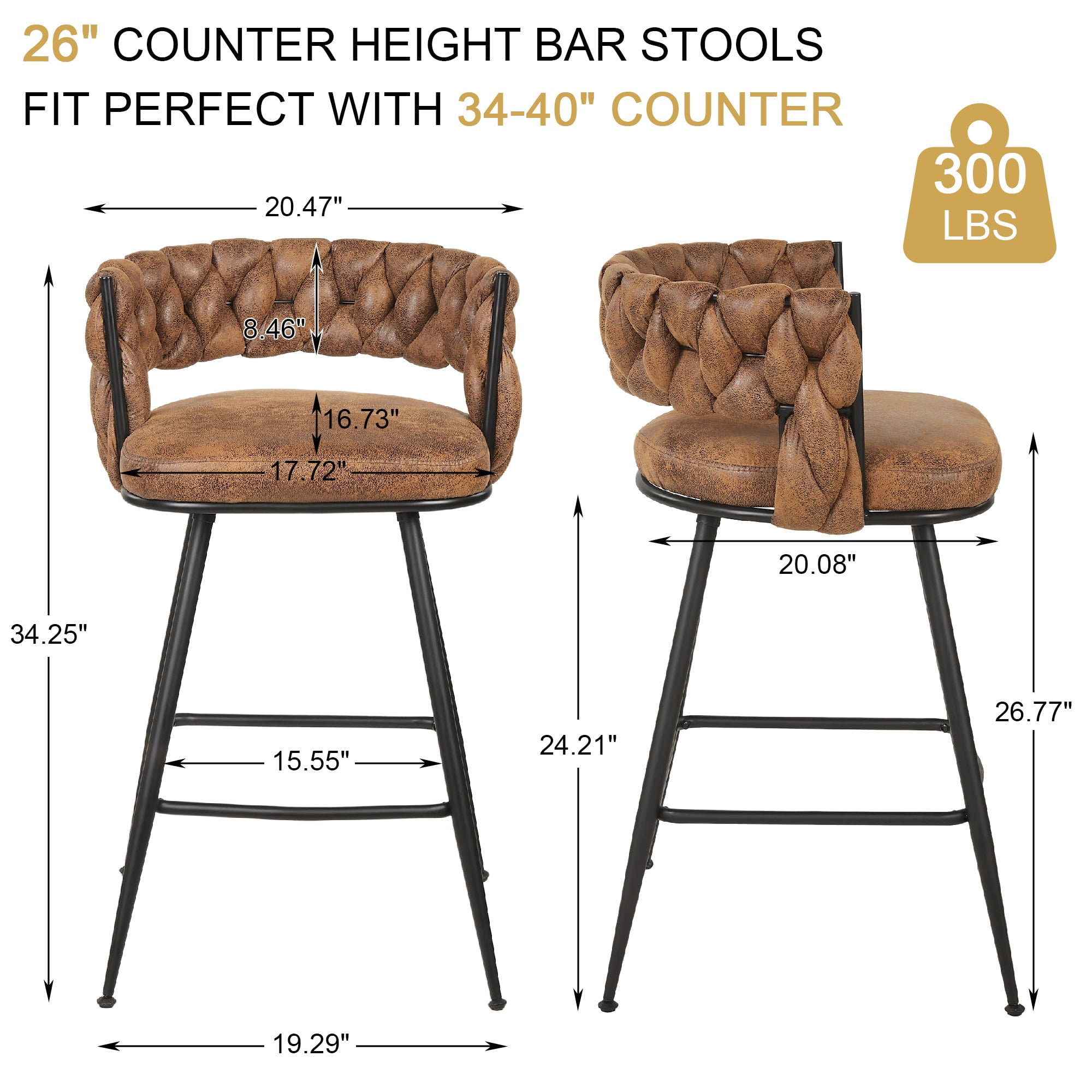 VECELO Modern Braided Bar Stools Set of 4 – Suede Fabric Counter Height Stools with Woven Back Support & Footrest, Heavy-Duty Metal Frame Bar Chairs for Kitchen Island,Brown