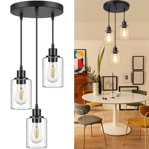 YANSUN 43.3 in 3 Lights Black Chandelier Industrial Pendant Light Fixture with Clear Glass Shades for Kitchen and Dining Areas