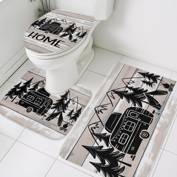 Camper Bathroom Rugs Set Mountain Pine Trees Tent Forest Rustic Nature Non Slip Absorbent Soft Bath Mats 3 Piece Set with Bathroom Rug, U-Shaped Floor Mat, Toilet Seat Cover Small Size