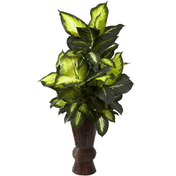 Nearly Natural 50in. Golden Dieffenbachia Artificial Plant with Bamboo Planter, Green