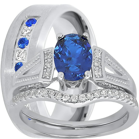 LaRaso & Co His Hers Wedding Ring Set Blue Sapphire CZ Silver Bridal Engagement Set Titanium Wedding Band 5/9