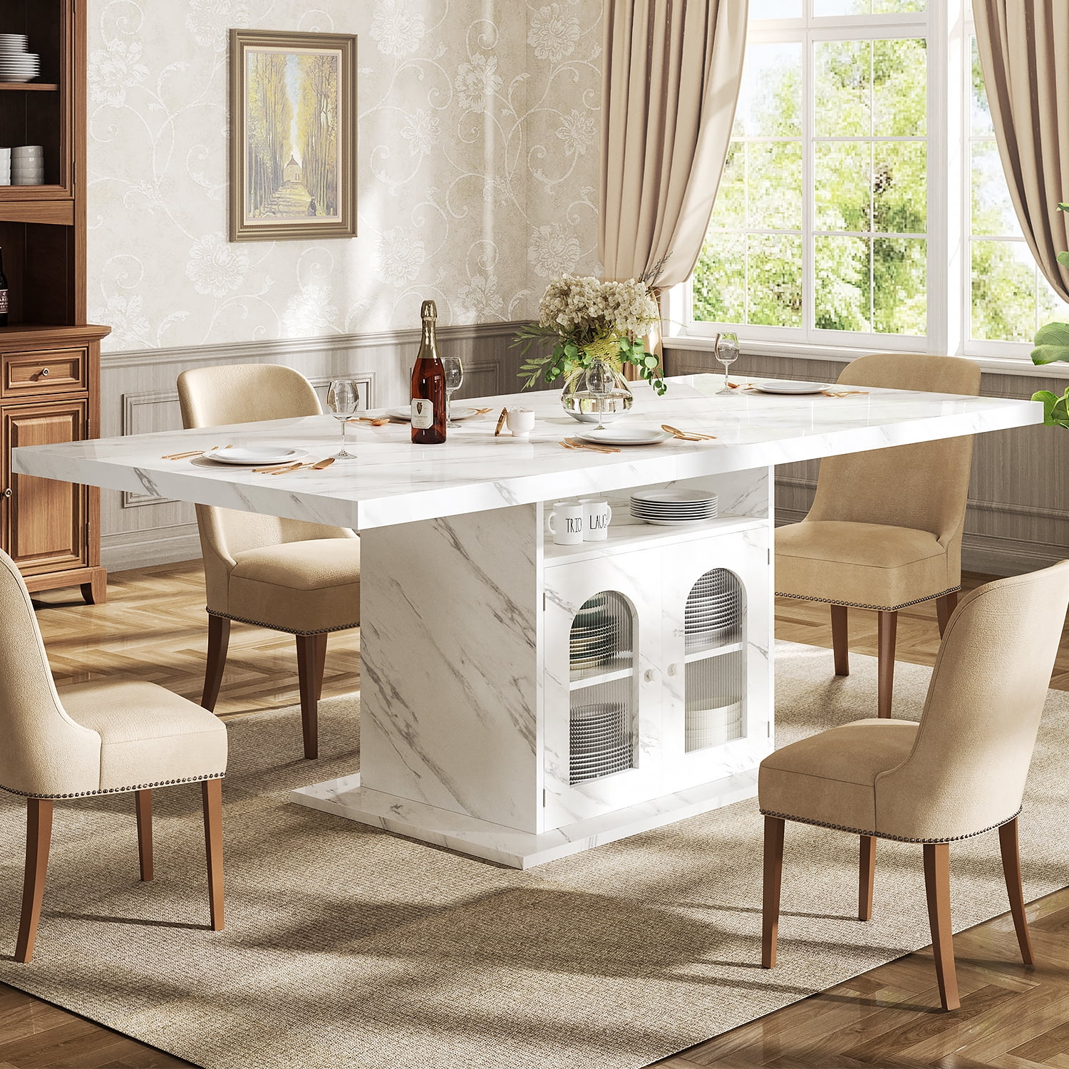 Paasyonmate 63" dining table with storage cabinet, white faux marble