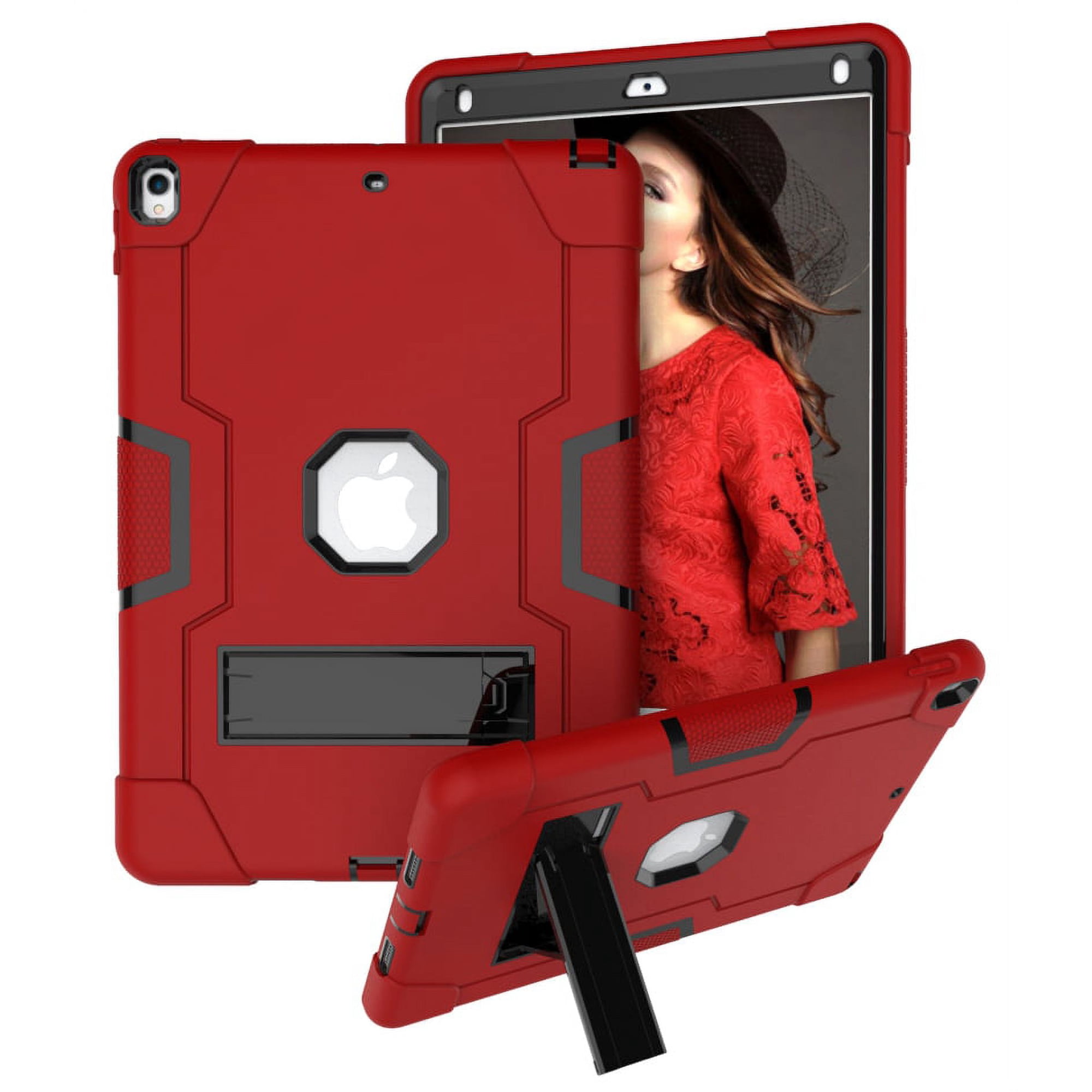 Case for 2019 iPad Air 3 10.5/2017 iPad Pro 10.5 inch, Kickstand Shockproof Kids Proof Case Heavy Duty High Impact Resistant Hybrid Three Layer Rugged Defender Full Body Protection Case, Red+Black