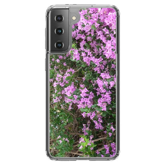 DistinctInk Clear Shockproof Hybrid Case for Galaxy S21  PLUS 5G (6.7" Screen) - TPU Bumper, Acrylic Back, Tempered Glass Screen Protector - Purple Flowers Mykonos Greece